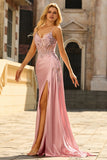 Sparkly Pink Corset Appliqued Satin Prom Dress