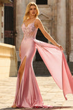 Sparkly Pink Corset Appliqued Satin Prom Dress