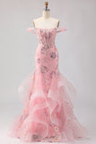 Sparkly Blush Mermaid Off The Shoulder Corset Prom Dress