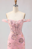 Sparkly Blush Mermaid Off The Shoulder Corset Prom Dress