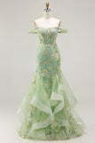 Green Floral Mermaid Off The Shoulder Corset Prom Dress With Beading
