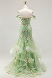 Green Floral Mermaid Off The Shoulder Corset Prom Dress With Beading