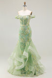 Green Floral Mermaid Off The Shoulder Corset Prom Dress With Beading