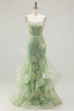 Green Floral Mermaid Off The Shoulder Corset Prom Dress With Beading