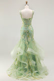 Green Floral Mermaid Off The Shoulder Corset Prom Dress With Beading