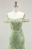 Green Floral Mermaid Off The Shoulder Corset Prom Dress With Beading