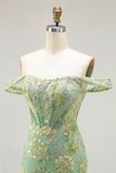 Green Floral Mermaid Off The Shoulder Corset Prom Dress With Beading