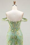 Green Floral Mermaid Off The Shoulder Corset Prom Dress With Beading