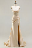Champagne Mermaid Beaded Sweetheart Corset Prom Dress With Slit