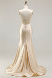 Champagne Mermaid Beaded Sweetheart Corset Prom Dress With Slit