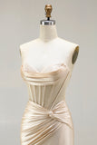 Champagne Mermaid Beaded Sweetheart Corset Prom Dress With Slit