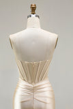 Champagne Mermaid Beaded Sweetheart Corset Prom Dress With Slit