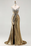 Metallic Golden Corset Pearl Mermaid Prom Dress With Slit