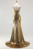Metallic Golden Corset Pearl Mermaid Prom Dress With Slit