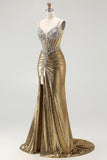 Metallic Golden Corset Pearl Mermaid Prom Dress With Slit