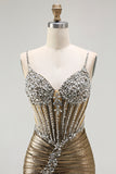 Metallic Golden Corset Pearl Mermaid Prom Dress With Slit