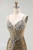Metallic Golden Corset Pearl Mermaid Prom Dress With Slit