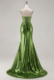 Metallic Golden Corset Pearl Mermaid Prom Dress With Slit
