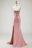 Blush Corset Sequin Satin Mermaid Prom Dress With Slit