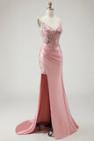 Blush Corset Sequin Satin Mermaid Prom Dress With Slit
