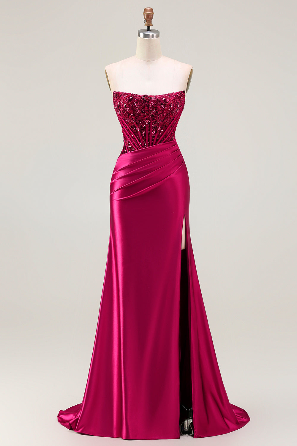 Berylove Women Burgundy Prom Dress With Slit Mermaid Strapless Corset Beaded Ruched Satin Maxi Formal Dress With Lace Up Back Berylove Women Burgundy Prom Dress With Slit Mermaid Strapless Corset Beaded Ruched Satin Maxi Formal Dress With Lace Up Back