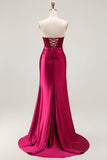 Burgundy Corset Strapless Mermaid Satin Prom Dress With Slit