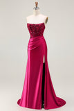 Burgundy Corset Strapless Mermaid Satin Prom Dress With Slit