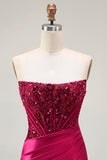 Burgundy Corset Strapless Mermaid Satin Prom Dress With Slit