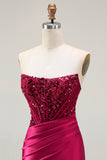 Burgundy Corset Strapless Mermaid Satin Prom Dress With Slit