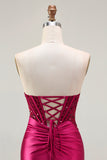 Burgundy Corset Strapless Mermaid Satin Prom Dress With Slit
