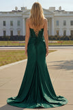 Burgundy Corset Strapless Mermaid Satin Prom Dress With Slit