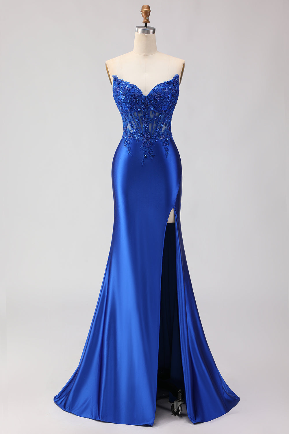 Berylove Women Strapless Corset Prom Dress with Appliques Mermaid Royal Blue Satin Maxi Party Dress with Slit, Royal Blue / US18W Berylove Women Strapless Corset Prom Dress with Appliques Mermaid Royal Blue Satin Maxi Party Dress with Slit, Royal Blue / US18W