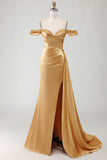 Off The Shoulder Golden Mermaid Ruched Satin Prom Dress With Slit