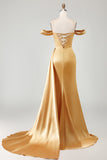 Off The Shoulder Golden Mermaid Ruched Satin Prom Dress With Slit
