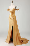 Off The Shoulder Golden Mermaid Ruched Satin Prom Dress With Slit