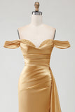 Off The Shoulder Golden Mermaid Ruched Satin Prom Dress With Slit