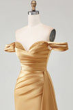 Off The Shoulder Golden Mermaid Ruched Satin Prom Dress With Slit