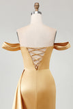 Off The Shoulder Golden Mermaid Ruched Satin Prom Dress With Slit