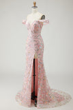 Floral Embroidered Blush Off The Shoulder Sequin Mermaid Prom Dress With Slit