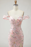 Floral Embroidered Blush Off The Shoulder Sequin Mermaid Prom Dress With Slit