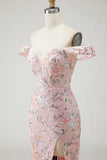 Floral Embroidered Blush Off The Shoulder Sequin Mermaid Prom Dress With Slit