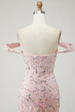 Floral Embroidered Blush Off The Shoulder Sequin Mermaid Prom Dress With Slit
