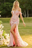 Off the Shoulder Pink Floral Mermaid Sequin Prom Dress