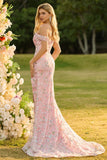 Off the Shoulder Pink Floral Mermaid Sequin Prom Dress