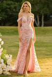 Off the Shoulder Pink Floral Mermaid Sequin Prom Dress