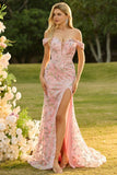 Off the Shoulder Pink Floral Mermaid Sequin Prom Dress