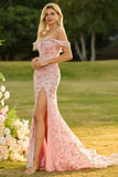 Off the Shoulder Pink Floral Mermaid Sequin Prom Dress