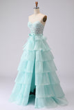 Strapless Corset Appliqued Tiered Green Prom Dress