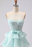 Strapless Corset Appliqued Tiered Green Prom Dress