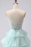 Strapless Corset Appliqued Tiered Green Prom Dress